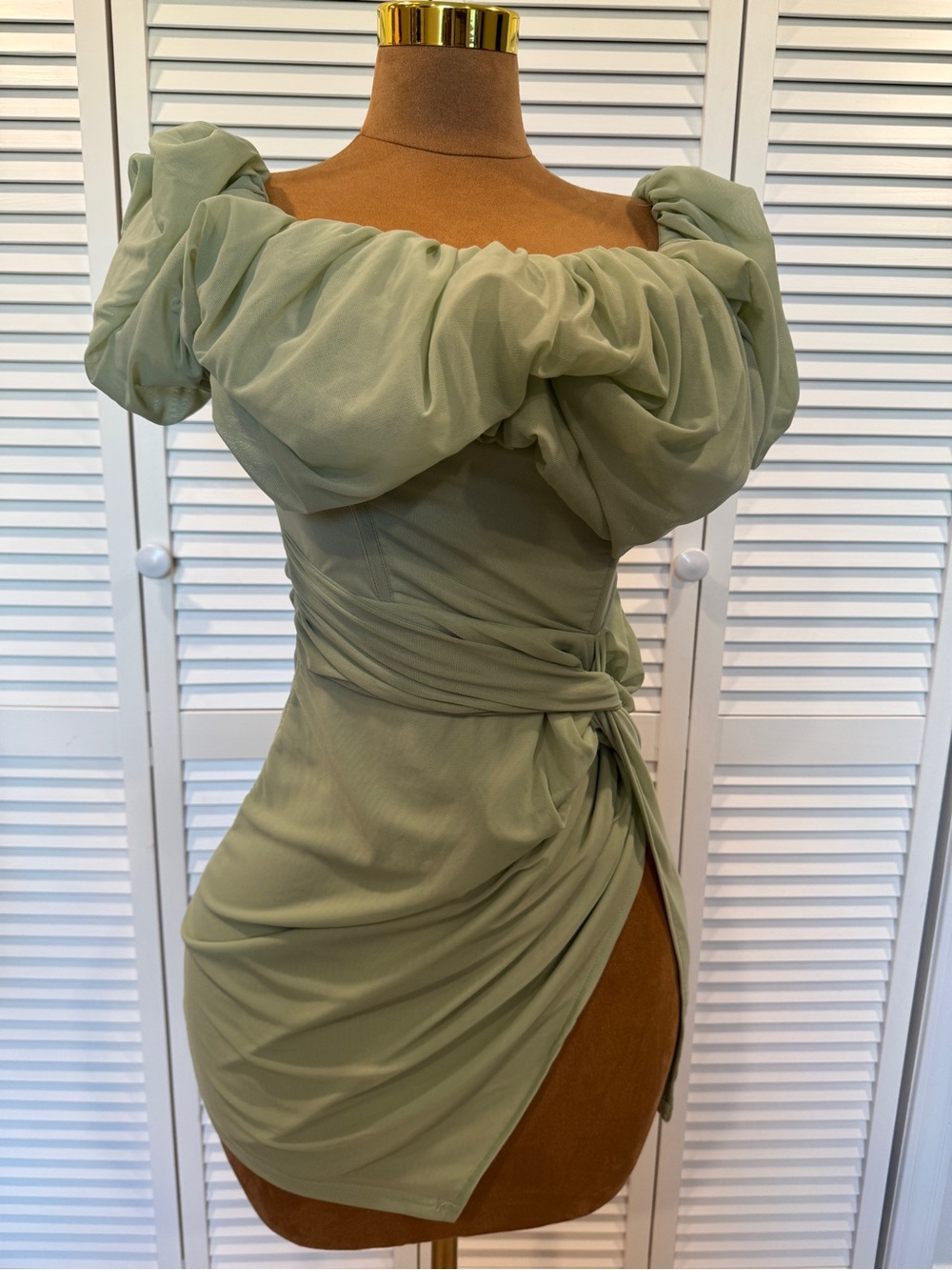 Off-Shoulder Sage Green Ruched Mini Dress